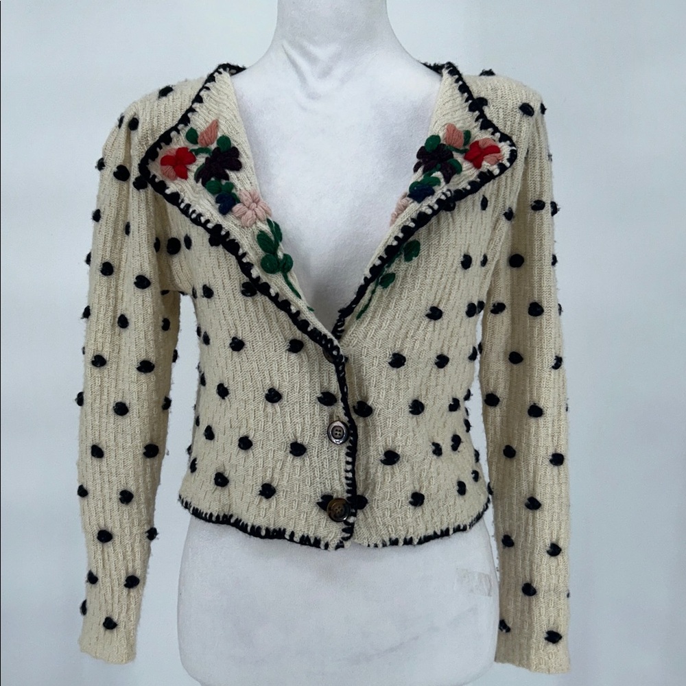 TACH Black and Cream Polka Dot Cardigan Farah Hand-Knitted Wool Cardigan SZ XS - Picture 4 of 15